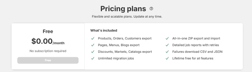 Pricing plans page showing Free plan at $0.00 per month and included features