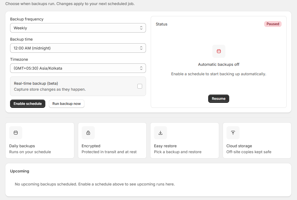 Schedule page with backup frequency, time, timezone settings, status card, feature highlights, and upcoming backups section