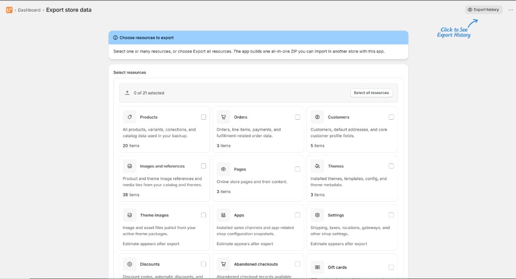 Export store data screen showing resource cards for Products, Orders, Customers, and other core store data with checkboxes and item counts