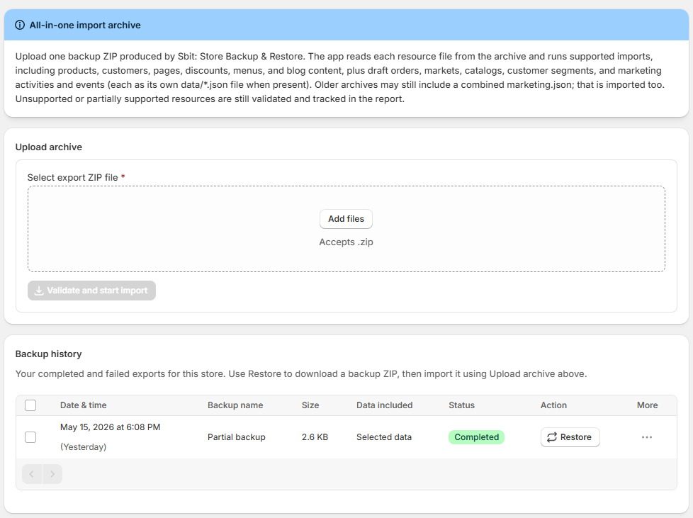 Import store data page with upload archive drop zone, Validate and start import button, and backup history table